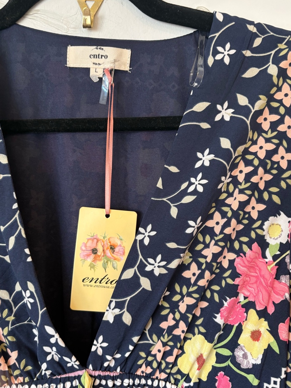 NEW Entro Navy Floral Midi Dress with Pink & Lime Accents large nwt - Picture 7 of 14